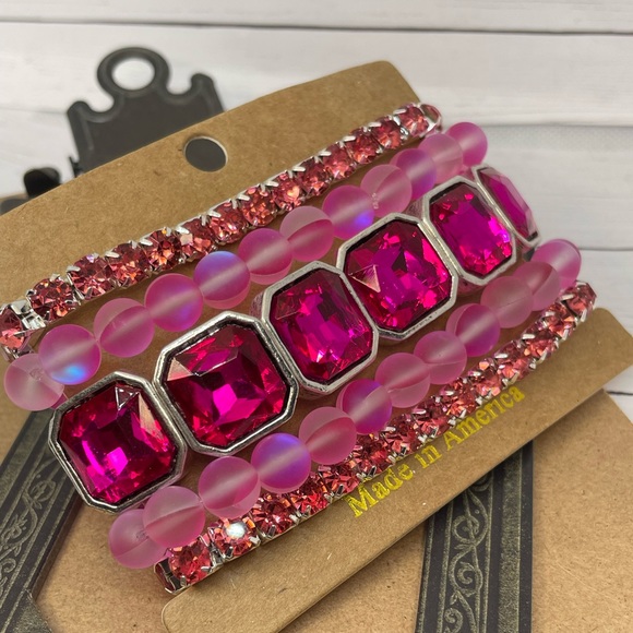 Set of 5 stackable bracelets in high style hot pink crystal. - Picture 4 of 10